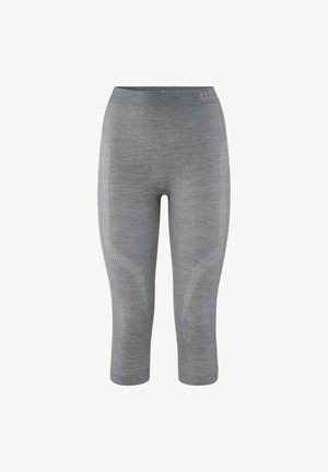 Szare legginsy sportowe o gładkiej fakturze, z prążkowanym pasem w talii i subtelnymi bocznymi detalami w jaśniejszym odcieniu. Wykonane w fasonie 3/4.