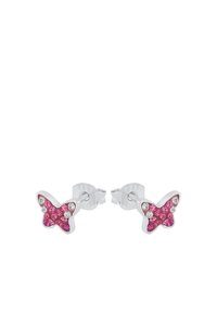 Orecchini a forma di farfalla in argento, con gemme rosa e trasparenti, finitura lucida e chiusura a farfallina.