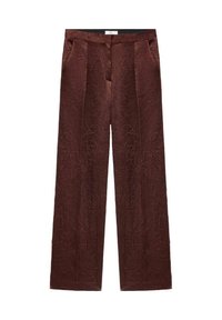 Pantaloni largi de culoare maro, realizați dintr-un material texturat, cu pliuri în față și buzunare laterale, având un tiv neted în partea de sus.
