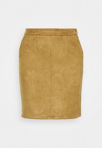 Ljusmockaskjol med en figursydd silhuett, hög midja och slät textur. Har rena linjer och en subtil lyster.