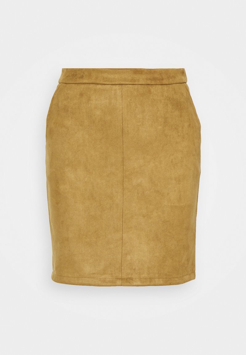 Ljusmockaskjol med en figursydd silhuett, hög midja och slät textur. Har rena linjer och en subtil lyster.