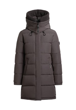 Tmavosivý zimný prešívaný kabát s vysokým golierom, fleecovou podšívkou, predným zipsom a dvoma bočnými vreckami.