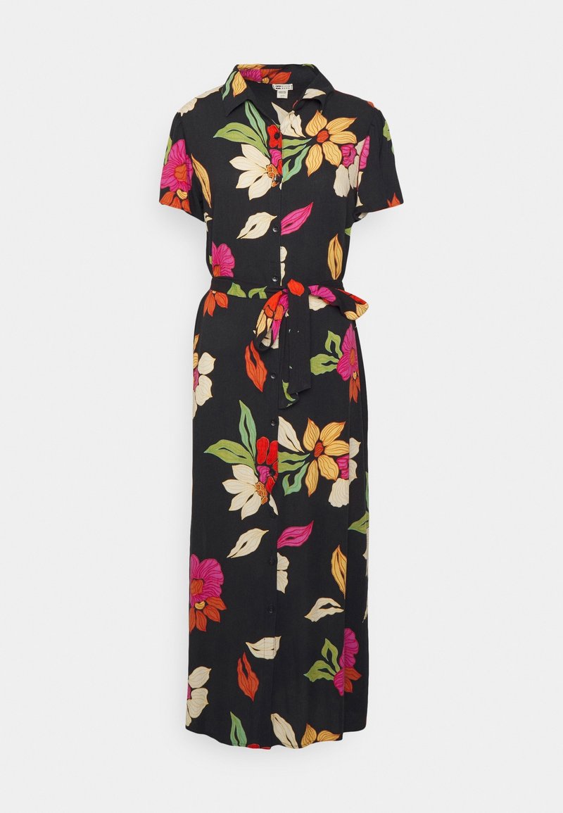 Blumiges Maxikleid mit kurzen Ärmeln, schwarzem Hintergrund und bunten, übergroßen Blumen in Pink, Gelb und Grün. Mit Knöpfen und einem gebundenen Taillengürtel.