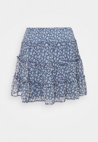 Jupe à volants à motifs floraux bleus avec des bords froncés. Fabriquée en tissu léger, dotée d'une taille élastique pour le confort.