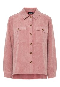 Camisa chaqueta de pana rosa con cuello tipo camisa, cierre frontal de botones y dos bolsillos en el pecho; presenta textura acanalada y dobladillo redondeado.