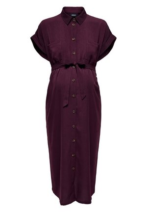 Rochie de maternitate în burgund închis, cu nasturi pe față, mâneci scurte suflecate, cordon în talie, două buzunare frontale, material ușor.