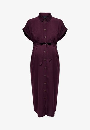 Maternity dress in dark burgundy, button-down front, short rolled sleeves, tie at waist, two front pockets, lightweight fabric.