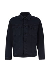 Giacca di jeans blu scuro con colletto classico, due tasche sul petto, chiusura frontale con bottoni e dettagli cuciti lungo i lati.