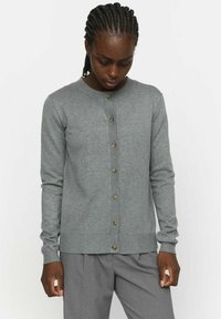 Gray knitted cardigan with a round neckline, full button front, and ribbed cuffs. Texture appears soft, featuring gold buttons as accents.