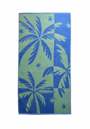 Blue and green beach towel with palm tree and star patterns alternating on a divided rectangular background.