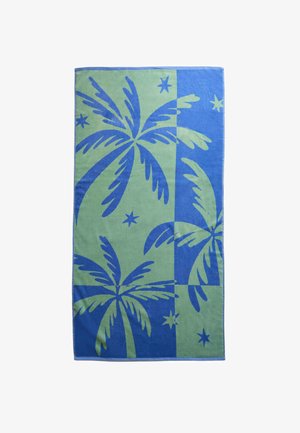 Blue and green beach towel with palm tree and star patterns alternating on a divided rectangular background.