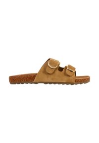 Sandale mule en daim marron avec deux brides réglables et boucles en métal, semelle intérieure en liège et semelle texturée.