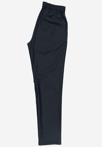 Black, elastic waistband pants with a straight leg design, featuring a single back pocket and a smooth texture. Suitable for casual wear.