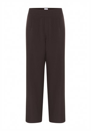 Donkerbruine, wijde broek met een gladde textuur, voorzien van twee voorplooien en een elastische tailleband voor comfort en pasvorm.