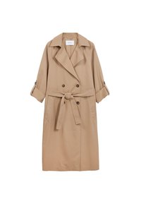 Tan trench coat made of smooth fabric, featuring a double-breasted front, belted waist, and rolled-up sleeves with buttons.