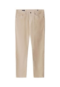 Pantalon en velours côtelé beige à jambes droites avec bouton frontal, fermeture éclair et design à cinq poches, présenté sur fond blanc.