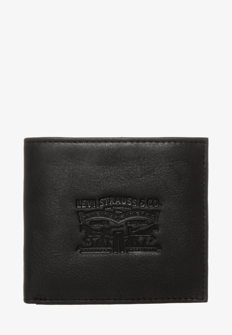 Black leather wallet featuring embossed logo detail, smooth texture, and a bi-fold design with stitching along the edges.