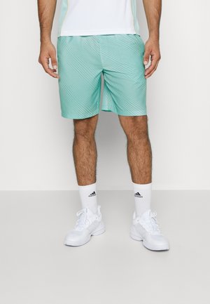 Shorts de sport turquoise clair avec un motif de rayures diagonales, associés à des chaussettes de sport blanches et des chaussures. Matériau synthétique lisse.