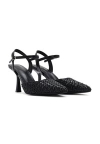 Zwarte sandalen met hoge hakken, een geweven textuur, spitse neus en kruiselings enkelbandjes. Glad, glanzend afwerking met een slanke hak.
