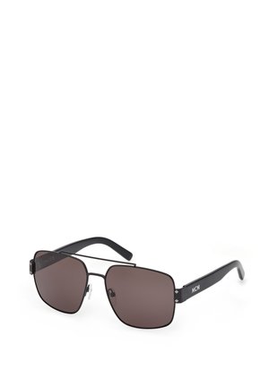 Black square sunglasses with dark lenses, metal frame, and branding on the temple. Features thin arms and a sleek design.