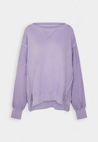 Lila sweatshirt med en avslappnad passform, ribbad halsringning och långa ballongärmar. Har en söm med fåll och sidofickor för extra komfort.