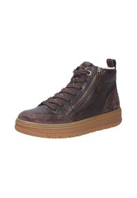 Hoge sneakers van donkerbruin leer en suède. Voorzien van een zijrits, vetersluiting aan de voorkant en een ondere laag van rubber met textuur.