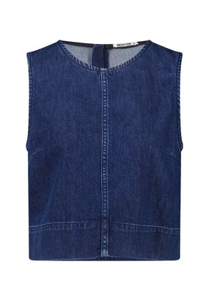 Top sin mangas de denim azul oscuro con cuello redondo, costuras limpias y corte recto en el dobladillo, con un cierre sutil en la parte posterior.