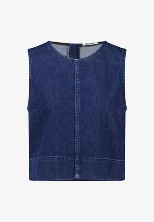 Top sin mangas de denim azul oscuro con cuello redondo, costuras limpias y corte recto en el dobladillo, con un cierre sutil en la parte posterior.