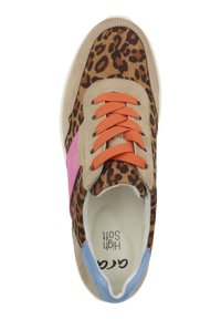 Baskets à imprimé léopard avec une tige en daim beige, des lacets orange, des accents roses et un talon bleu clair. Semelle blanche avec une marque à l'intérieur.
