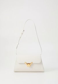 White textured handbag with a structured shape, gold hardware clasp, and a detachable strap for versatile carrying options.