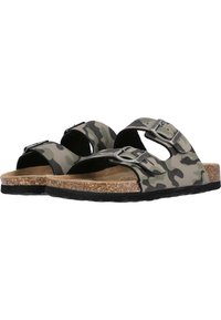 Sandalen mit Camouflage-Muster, zwei verstellbaren Riemen, Metall-Schließen, Korkfußbett und schwarzer Gummisohle.