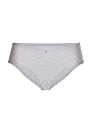 Hellgraue Damen-Slip mit gerippter Struktur, nahtlosem Design und einem kleinen dekorativen Akzent in der vorderen Mitte.