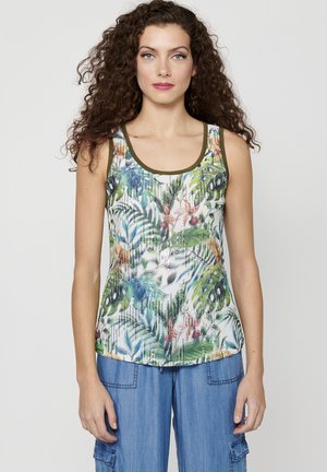 Débardeur floral avec des motifs vert, bleu et blanc. Encolure ronde, bretelles fines et design ajusté. Texture lisse.