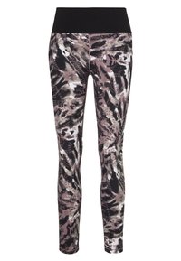 Hoge taille legging in een mix van zwart, roze en grijs met een abstract patroon en tekstprint. Gemaakt van rekbare stof voor comfort.