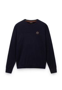 Marineblauwe sweatshirt met lange mouwen, textuur op het bovenpaneel, geribbelde halslijn en manchetten, met een ronde logo op de borst.