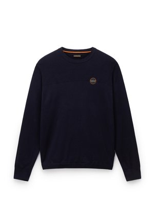 Navy blue sweatshirt with long sleeves, textured upper panel, ribbed neckline and cuffs, featuring a circular logo on the chest.