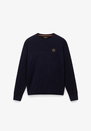 Navyblauer Sweatshirt mit langen Ärmeln, strukturiertem oberen Einsatz, geripptem Halsausschnitt und Bündchen, mit einem runden Logo auf der Brust.