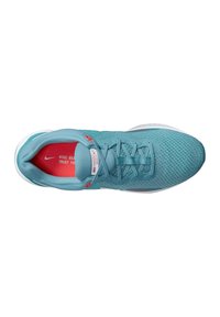 Scarpa da running Nike React con tomaia in mesh color teal, dettagli rossi e suola bianca. Presenta un colletto imbottito e chiusura con lacci.