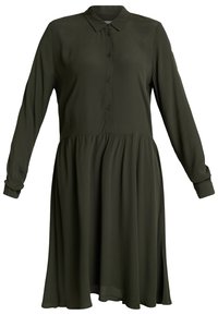 Vestido verde escuro, de manga longa, com colarinho, fecho de botão à frente e parte da saia ampla. Feito de um tecido suave e leve.