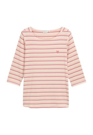 Haut à manches longues rayé en rose clair et blanc, présentant des rayures horizontales de largeurs variées et un petit motif de cœur sur la poitrine.