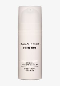 Opaque white cylindrical bottle with a pump dispenser, labeled "bareMinerals PRIME TIME Original Foundation Primer" in black text.
