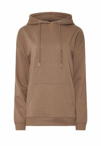Felpa con cappuccio marrone, dotata di tasca frontale, lacci e una texture morbida. Presenta polsini e orlo a coste per una vestibilità aderente.
