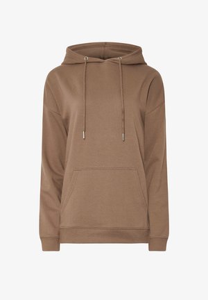 Brauner Kapuzenpulli mit einer Vordertasche, Kordelzügen und einer weichen Textur. Mit gerippten Bündchen und Saum für eine enge Passform.