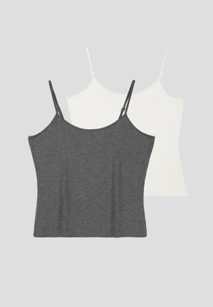 Twee camisole tops: een in antracietgrijs en een in wit, beide met dunne bandjes, een relaxte pasvorm, gemaakt van zachte, lichtgewicht stof.