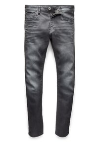 Siaurėjantys pilki džinsai su išblukusia danga, priekinis mygtukų užsegimas ir penkios kišenės, išdėstyti ant balto fono.