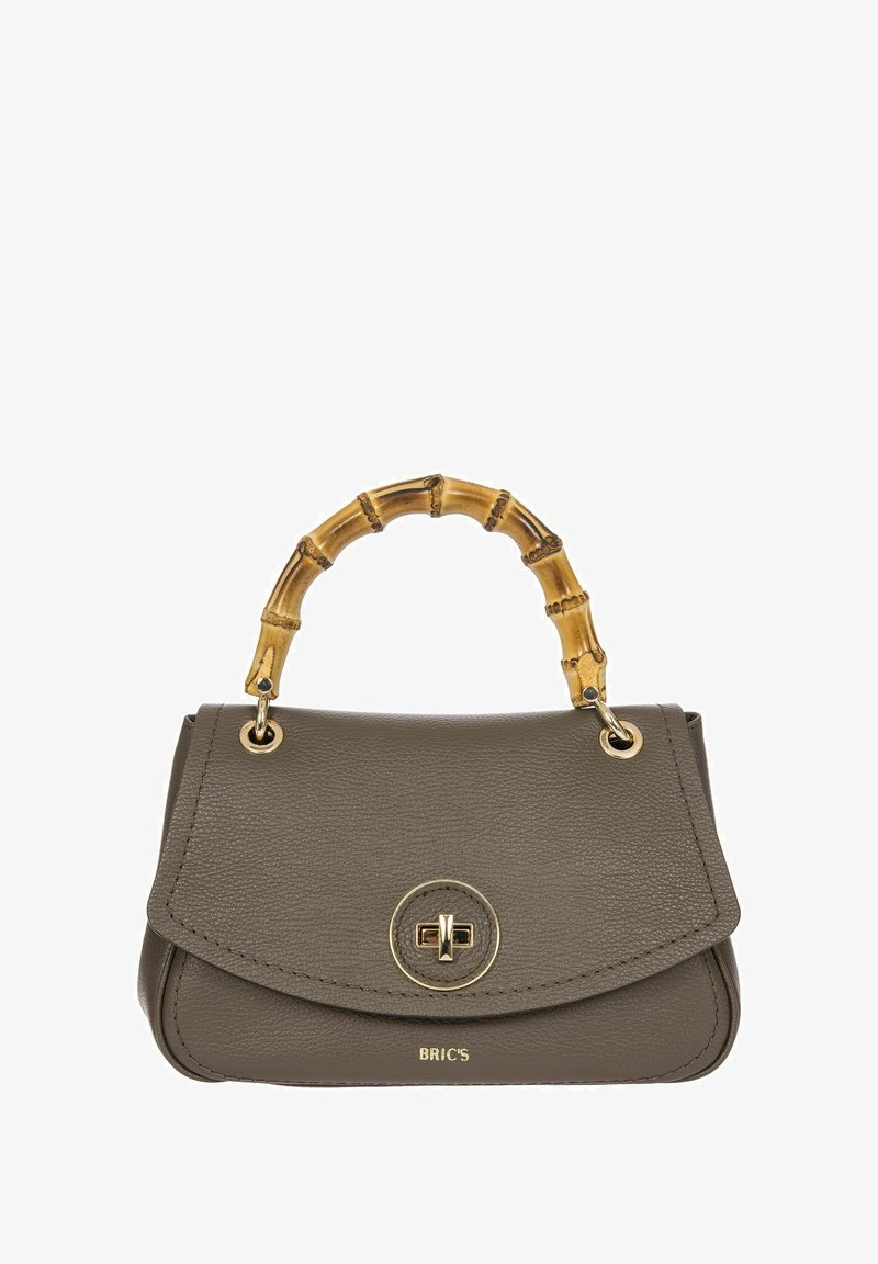 Grau Ledertasche mit einem Bambusgriff, goldenen Beschlägen, einer vorderen Klappe und einem runden Logodetail auf der Vorderseite. Glatte Textur.