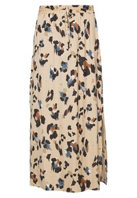 Béžová sukně s volným střihem, elastickým pasem, šňůrkou a barevným leopardím vzorem v černé, modré a hnědé barvě.