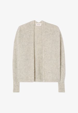 Šviesiai pilkas kardiganas su atvira priekiu, ribuotu raštu ir ilgomis rankovėmis. Pagamintas iš minkštos medžiagos, turi laisvą siluetą ir neturi užsegimų.