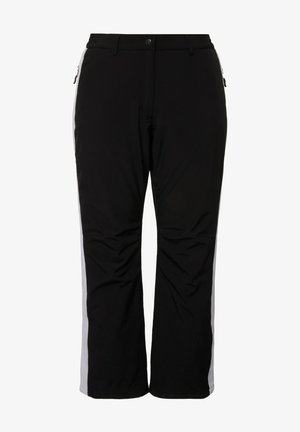 Schwarze Schneehosen mit weißen Seitestreifen, ausgestattet mit einer Reißverschlusstasche, elastischem Bund und lockerer Passform für Komfort und Flexibilität.