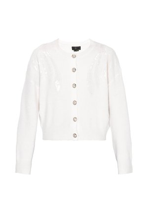 Hvid cropped cardigan med rund halsudskæring, der har pailletdetaljer på skuldrene og fem store runde knapper foran.